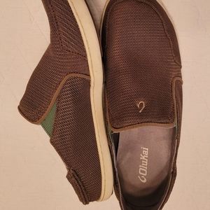 OluKai Nohea mesh slip on shoes in Brown with Green accents, size 10